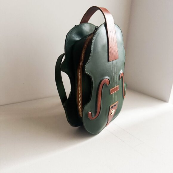 Handmade Ramsay Violin Green Brown Leather Backpack - Picture 3 of 9